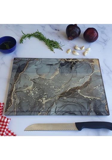 Kanallı Cam Kesme Tablası | Gri Gold Mermer | 25cm x 35cm