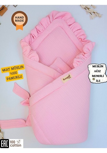 Ekru 4 Kat Müslin Bebek Battaniyesi %100 Pamuklu Doğal Organik Uyku Kundağı Hastane Çıkışı Yenidoğan Pembe