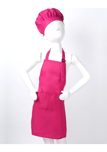 Gül Kırmızısı Çocuk Mutfak Yemek Pişirme Ve Pişirme Giyim Önlük Ve Cepli Şef Şapka Seti Çocuk Aşçı Kostümü L