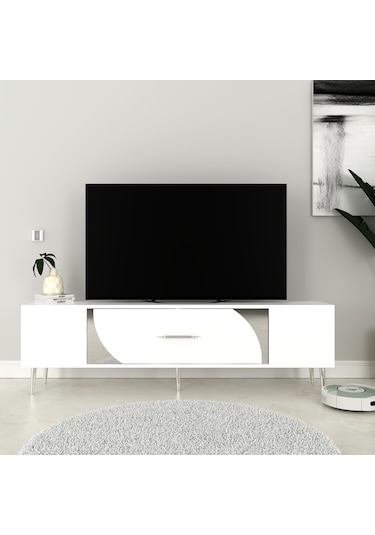 Şeki Tv Sehpası Tv Ünitesi 150 Cm Beyaz Gümüş
