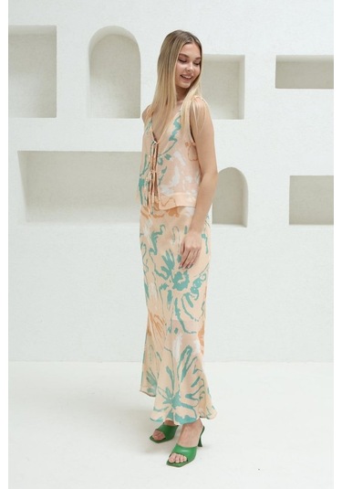 Gülsüm Aydın Bağcıklı Bluzlu Etek Takım - Pudra Pudra