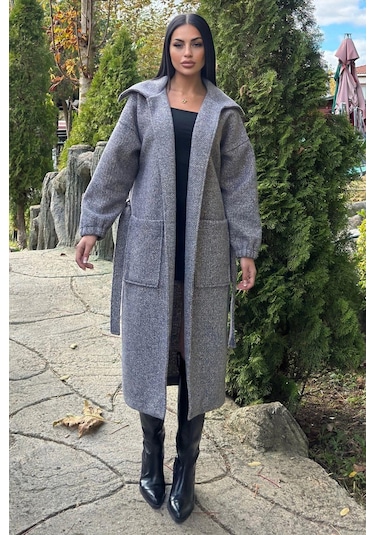 Antrasit Cepli, Balon Kol, Kemerli, Kalın Örgü Triko, Uzun Kaban Antrasit