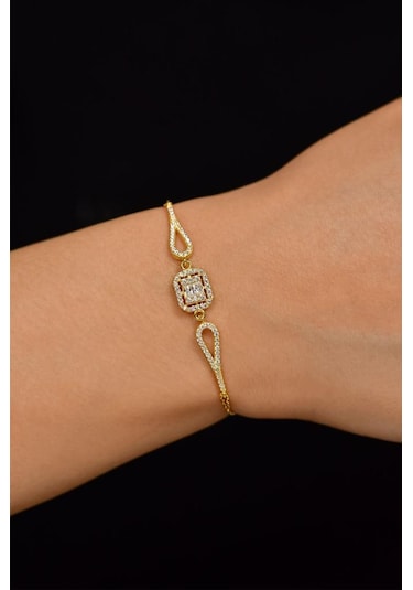 Roza Silver Zirkon Taşlı Gold 3 Sıra Baget Gümüş Bileklik