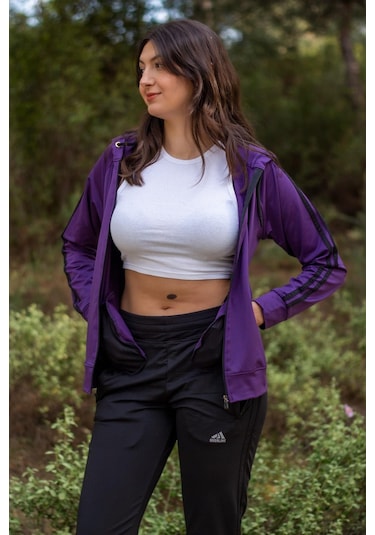 Kadın Mürdüm İki Şeritli Biyeli Fermuarlı Kapüşonlu Spor Eşofman Takımı 21kestax11 001