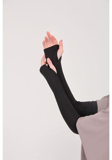 Parmak Geçmeli 45cm Likralı Penye Kolluk 1 Çift Siyah