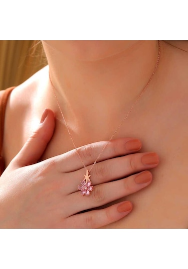 Hk Gümüş Kadın Kolye Rose Pembe Sevgi Çiçeği Gümüş Takı Hediyelik Ürünler-204789 Çok Renkli