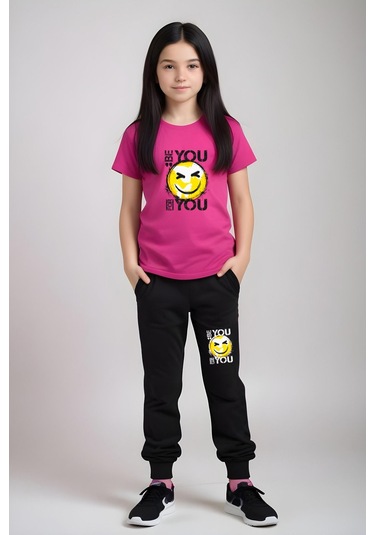 Be You Emoji Baskılı Kız Çocuk Tişört Ve Eşofman Alt-üst Takım Fuşya