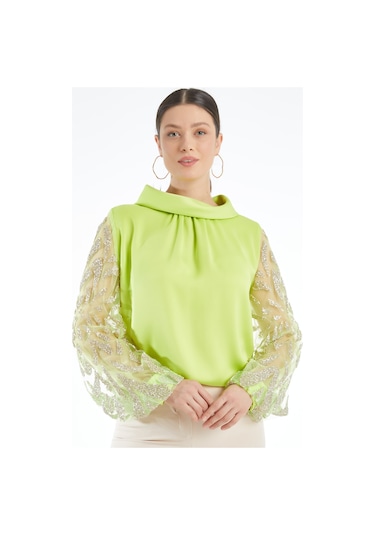 Modern Ve Şık Kadın Bluz - Transparan Taş İşlemeli Uzun Kol - Özel Gün Ve Davetler İçin Bluz Sari