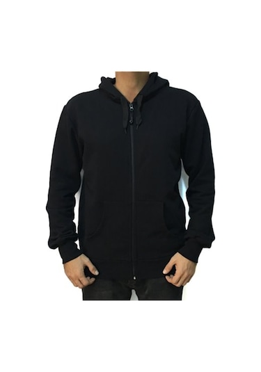 Düz Siyah Fermuarlı Kapşonlu Sweatshirt Siyah