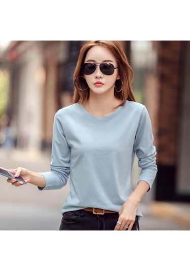Açık Mavi İlkbahar Ve Sonbahar Kadın Bluz Pamuk Gevşek Düz Renk Yuvarlak Yaka Uzun Kollu Üst