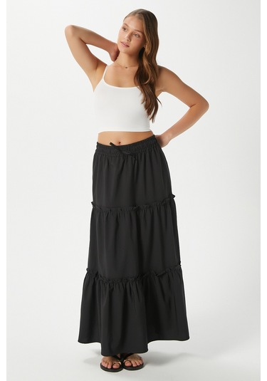 Kadın Elanora Siyah Astarlı Katlı Poplin Etek Siyah