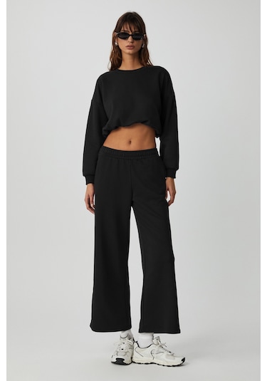 DEWANNA Kadın Uzun Kollu Crop Siyah Eşofman Takımı