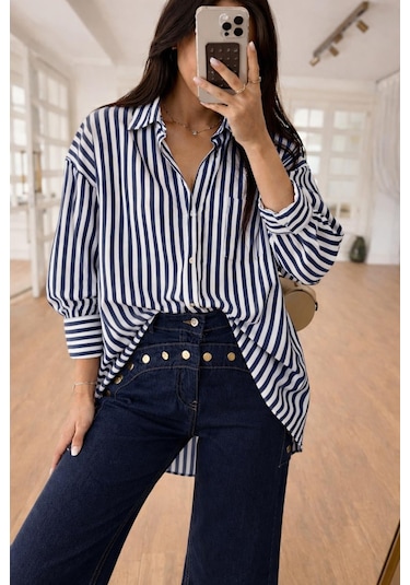 Lijuri Çizgili Oversize Basic Gömlek 3504 Lacivert