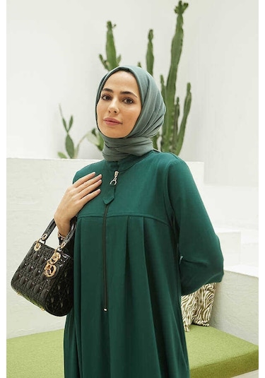 6612-fermuarlı Pileli Elbise Zümrüt Yeşili