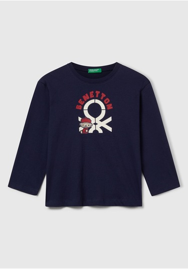 Erkek Çocuk Çok Renkli Logo Baskılı Bisiklet Yaka Uzun Kollu T-shirt Lacivert