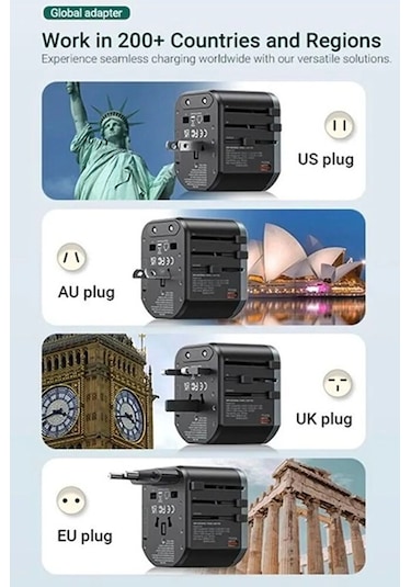 Evrensel Seyahat Şarj Adaptörü Fiş Priz Dönüştürücü Priz 45w /2xu