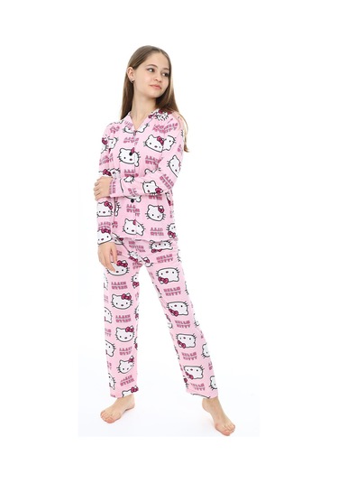 Kız Çocuk Kedi Baskılı Pijama Takımı 7-16 Yaş 0150 Pembe