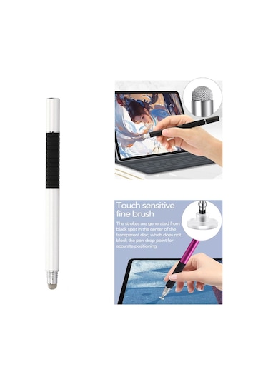 At-31 İletken Kumaş Kafa Hassas Enayi Kapasitif Kalem Kafası 2'si 1 Arada El Yazısı Kalemi 2 Kalem Kafalı Gümüş Beyaz