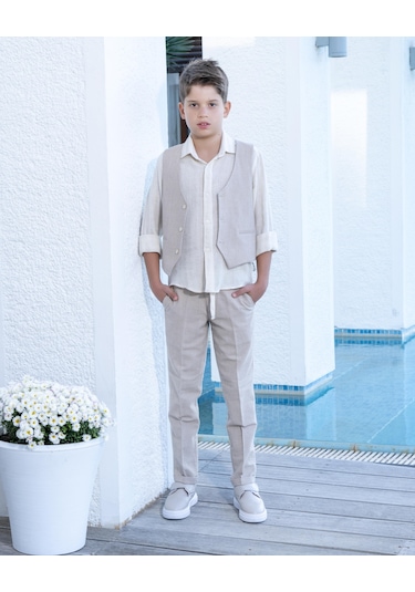 Erkek Çocuk Takım Elbise 3'lü Spor Takım Yelek-pantolon-gömlek 3-14 Yaş Bej