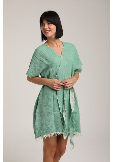 Life For Moda Kadın Kuşaklı Müslin Pareo Kimono P 80 Yeşil