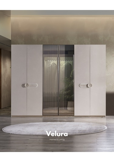 Moon 6 Kapaklı Aynalı Gardırop Dolap Ekru