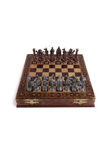 5 No. İngiliz Antik Bakır Satranç Taşları Ve Masif Ahşap Sandıklı