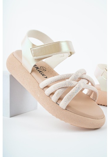 Muggo Jazz Garantili Günlük Ortopedik Hafif Taban Örgü Detaylı Cırtlı Kız Çocuk Sandalet Bej