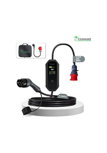 Coswatt Elektrikli Araç Taşınabilir Şarj Cihazı 11 kW-16A-Tip2 Soket-Türkçe Menü-5M-5x16A Fiş-380V AC