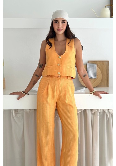 Çizgili Kumaş Yelek Takım Turuncu Turuncu