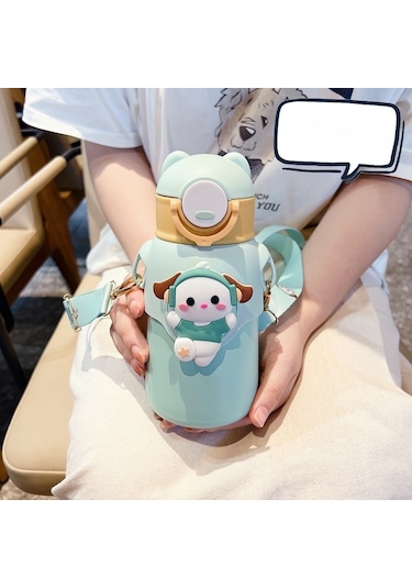 Tuomeng Çocuk Termos Bardak Karikatür 316 Paslanmaz Çelik Hasır Bardak 520ml Eğlenceli 2. Nesil Mavi Köpek Yavrusu