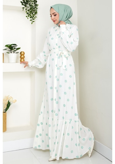 Anif Çiçek Desen Kemerli Elbise 1554 - Mint Mint