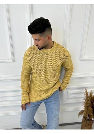 Kazak Oversize Çift Kat Zincir Örgü Naturel Pamuk Bol Kesim Tüylenmez Triko Kazak Hardal