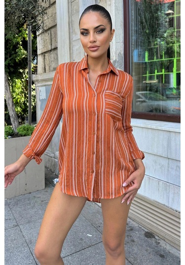 Kadın Kiremit Uzun Kol Özel Kumaş Tek Cep Gömlek Dik Çizgili Arkası Uzun Basic Kesim Gömlek Kiremit