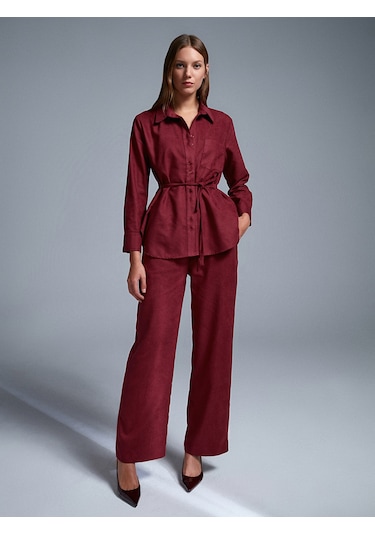 Dilvin 50518 Kemerli Süet Gömlek-bordo Bordo
