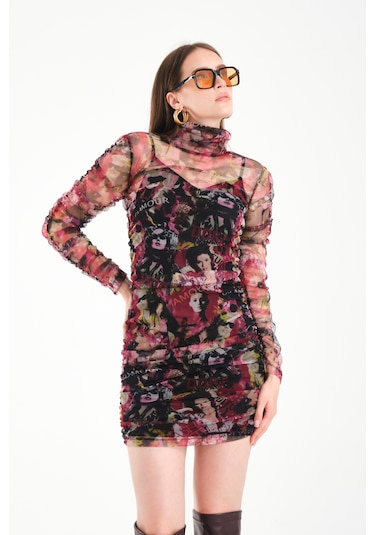 Büzgülü Tül Elbise Pembe