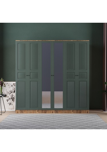 Nil 6 Kapaklı Eko Bazalı Gardırop - Mdf Kapak Yeşil