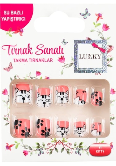 Lukky Kedi Baskılı Yapışkanlı Takma Tırnak Seti