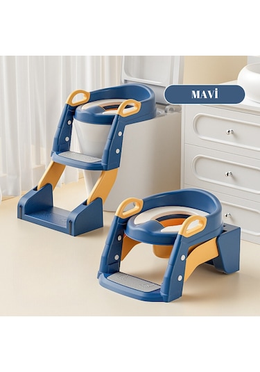 Çocuk Tuvalet Eğitimi Katlanır Klozet Adaptörü ve Lazımlık Mavi