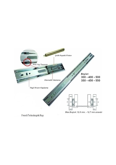 Broth Bilyeli Frenli Teleskopik Çekmece Rayı H43Mm Boy 300Mm Gri