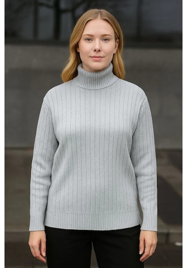 Kadın Balıkcı Yaka Bağazlı Triko Kazak Pamuklu Kalın Fitilli Dokuma - Gri Gri