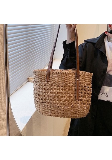 Ganzhoushop Yaz Üst Tote Saplı Plaj Omuz Kova Khaki Kapasiteli Kadınlar İçin Hasır Dokuma Çantası Çantası Çanta Büyük Alışveriş My Haki