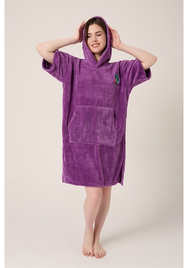 Palmiye Sörf Nakışlı Yetişkin Sörf Yazlık Panço Kapüşonlu Plaj Havlusu Mor Mor