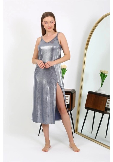 Giyim Kadın İp Askılı Uzun Parlak Micro Elbise Gecelik Gri Gri