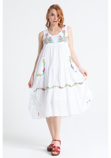 Kolsuz Vual Ahsen Nakışlı Midi Boy Elbise Beyaz Byz-beyaz Beyaz