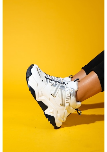 Clara Beyaz Laci Fermuarlı Ve Bağcıklı Kadın Spor Bot Beyaz - Lacivert