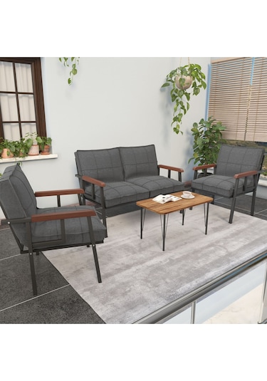 Mygusi Modern'' Balkon, Bahçe, Cafe - Metal Kanepe Koltuk Takımı - 2 1 1 Sehpa Hediyeli Koyugri Koyu Gri