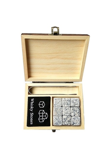 9pcs Viski Taş Seti Soğutma Taşları Ahşap Kutu Soğutma Kayaları Yeniden Kullanılabilir Buz Küpleri - Gri Gri