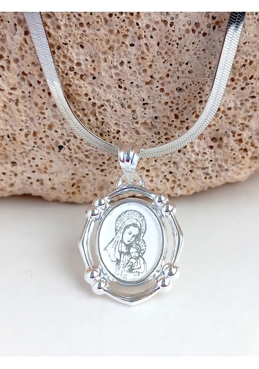 Gümüş Marıa Madalyon Tasarım Kolye Yılan Zincir Kadın Kolye
