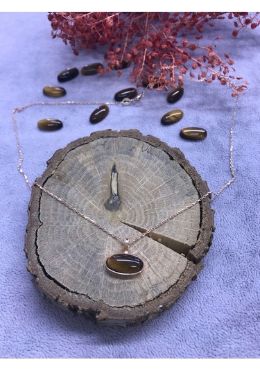 Kaplan Gözü Taşı Gümüş Kolye 925 Ayar Doğal Taş