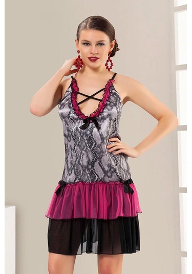 Sistina Bayan Desenli Fırfırlı Gecelik 616 Siyah